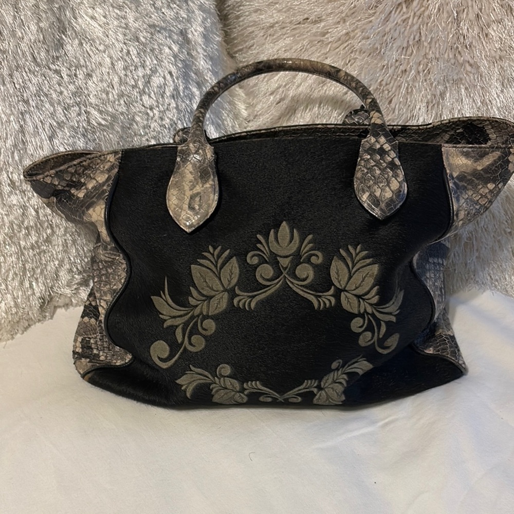 Black and Gray Tote with Luxurious Snakeskin Handles